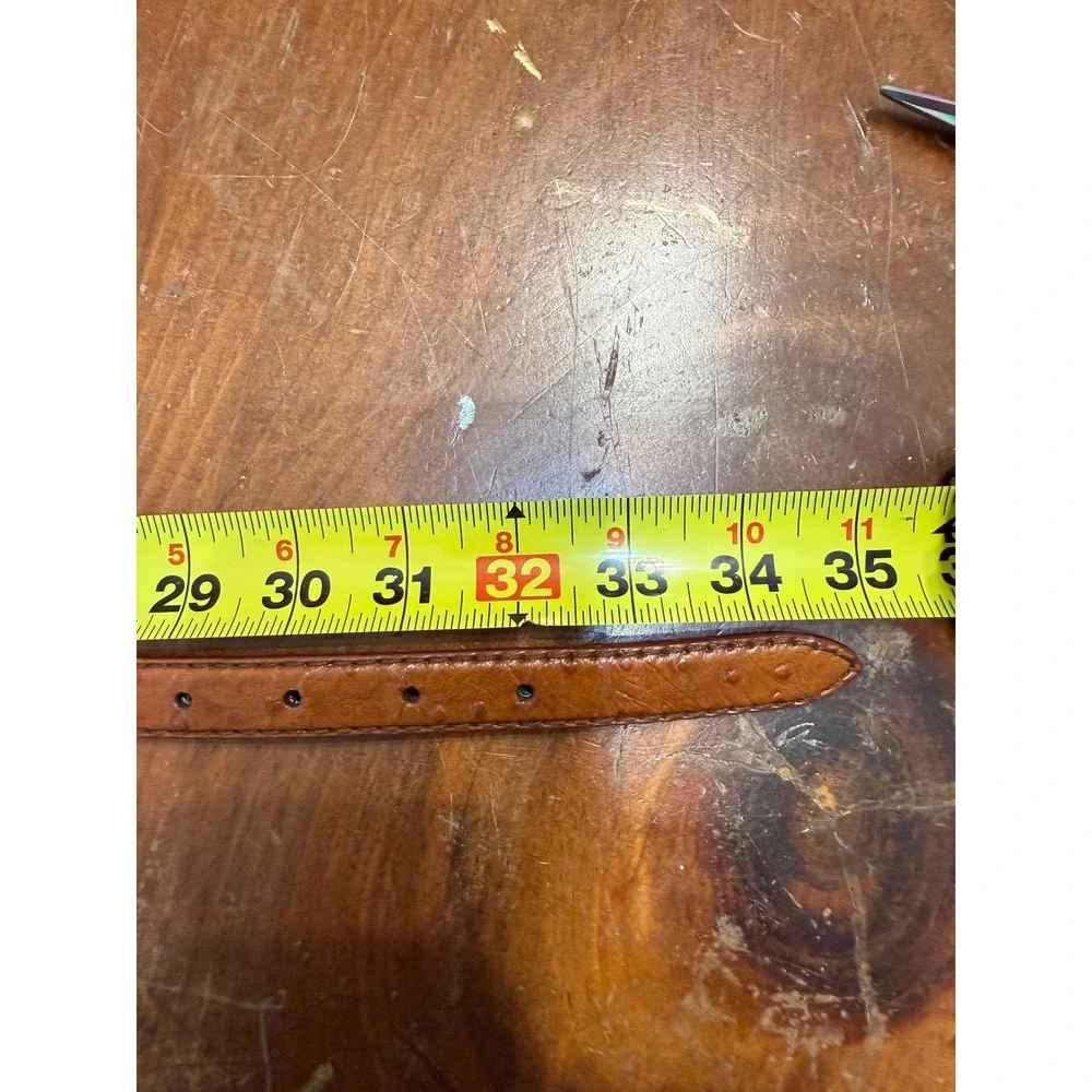 VTG Liz Claiborne Brown Ostrich Embossed Leather Skinny Belt Gold Hardware Med